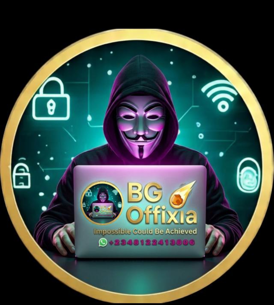 BG Offixia artwork featuring a masked figure at a branded laptop, surrounded by digital security symbols